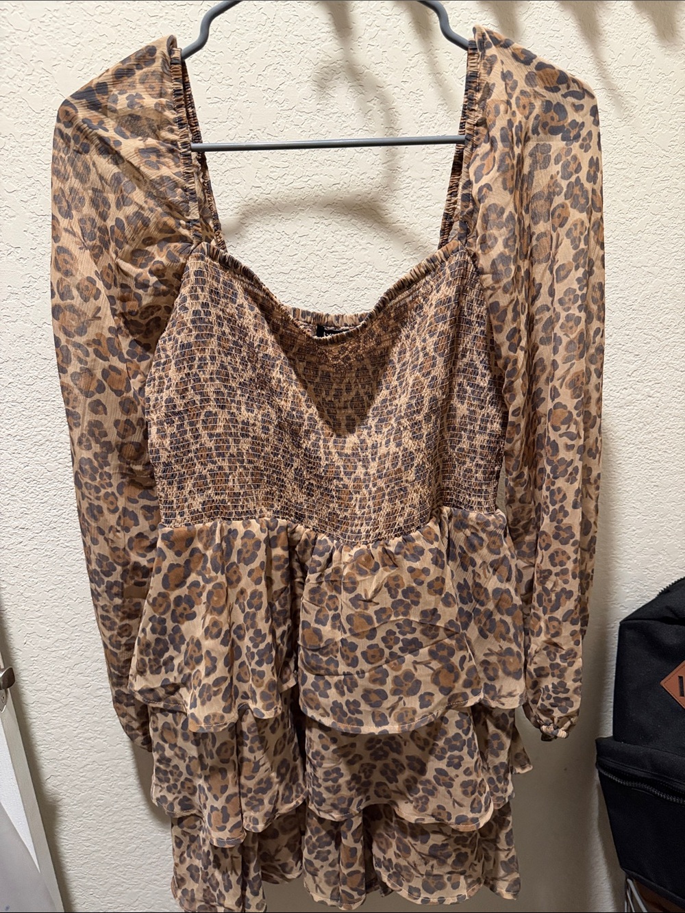 Express Brown Leopard-Print Tiered Long-Sleeve Blouse